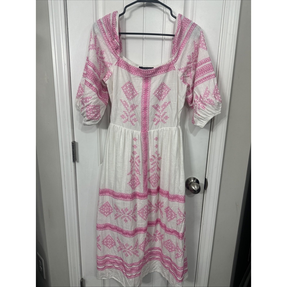 Strut & Bolt Pink White Embroidered Lined Midi Dress Size Small Kentucky Derby